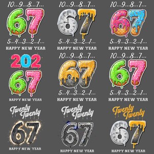 Op de afbeelding: Een verzameling van negen grafische ontwerpen met de nummers "67" in verschillende stijlen, waaronder donut-thema's en klok-thema's. De tekst "Happy New Year" en aftelnummers zijn ook opgenomen. De ontwerpen staan op een donkergrijze achtergrond.