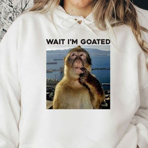 May include: White hoodie with the text "WAIT I'M GOATED" above a photo of a monkey. The monkey is brown and tan, with its finger near its mouth, against a backdrop of water and buildings.