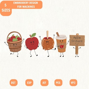 Puede incluir: Un diseño de bordado para máquinas que presenta cinco personajes: una cesta marrón llena de manzanas rojas y verdes, una manzana roja, una manzana de caramelo, un vaso de café con una pequeña manzana y un letrero de madera con el texto Apple Orchard.