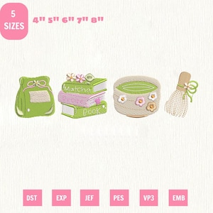 May include: An embroidered design featuring matcha-themed elements. Includes a green bag, a stack of books with "Matcha Book" text, a bowl with flowers, and a whisk. The design is available in 5 sizes: 10cm, 13cm, 15cm, 18cm, and 20cm.