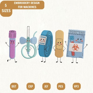 Puede incluir: Un diseño de bordado para máquinas que presenta cinco artículos médicos antropomórficos: un tubo de ensayo morado, una aguja de mariposa turquesa, un torniquete azul, una tirita beige y una bolsa de muestras azul, todos con caras sonrientes.