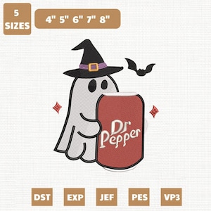 Halloween Ghost Dr Pepper Machine Embroidery File, Spooky Season Design (Instant Donwload)