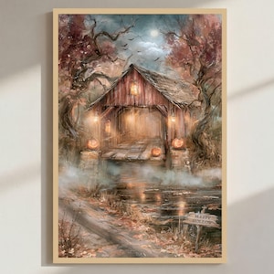 May include: A vertical wall art print depicting a rustic wooden covered bridge at night, illuminated by warm glowing lanterns and jack-o'-lanterns. The scene features dark trees, a misty stream, and a wooden sign labeled Sleepy Hollow.