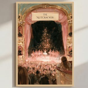 Nutcracker Wall Art, Christmas Ballet Theater Painting, Pink Velvet Curtains (Printed & Shipped)
