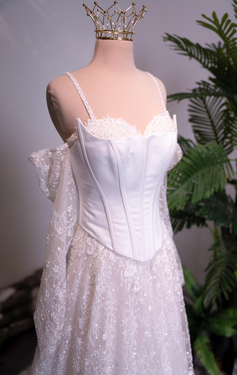 Lace Wedding Dress with Satin Corset, Off Shoulder Bridal Gown, Romantic A Line Wedding Dress, Custom Made Bridal Dress image 3