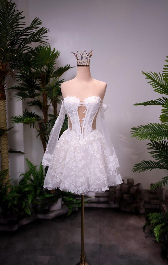 Short Wedding Dress With Corset | 3D Floral Mini Bridal Gown | off Shoulder Detachable Sleeves | Cute Reception Dress | Custom Made Dress - Etsy Israel Short Wedding Dress With Corset | 3D Floral Mini Bridal Gown | off Shoulder Detachable Sleeves | Cute Reception Dress | Custom Made Dress - Etsy Israel