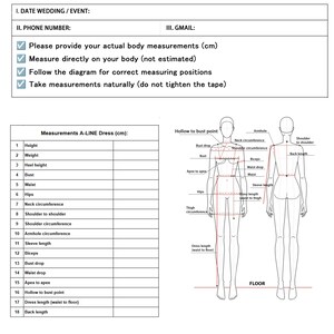 May include: Diagram for A-line dress measurements in centimeters, with a form to fill in height, weight, and other body measurements. Includes instructions to measure naturally and follow the diagram.