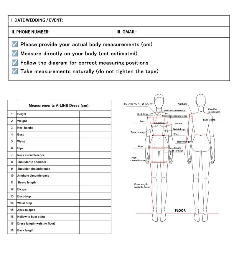 May include: Diagram for A-line dress measurements in centimeters, with a form to fill in height, weight, and other body measurements. Includes instructions to measure naturally and follow the diagram.