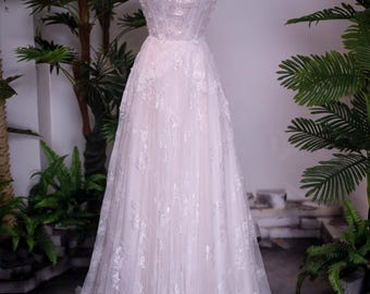 Romantic Lace A-Line Wedding Dress with Cap Sleeves, Elegant Bridal Gown, Custom Made Handmade Wedding Dress