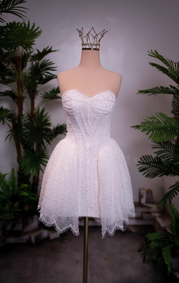 beaded reception dress Black Lace and Satin Mermaid bust (not bra) Sparkly Strapless Mini Wedding Dress
