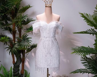 Off Shoulder Beaded Fringe Mini Wedding Dress | Pearl Crystal Short Bridal Dress | Custom Made Reception & After Party Dress