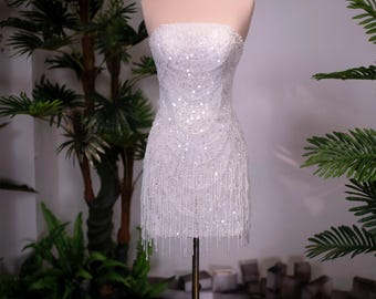 Strapless Sequin Mini Wedding Dress | Pearl Beaded Fringe Bridal | Short Sparkly After Party Dress | Custom Made Bridal Mini Dress