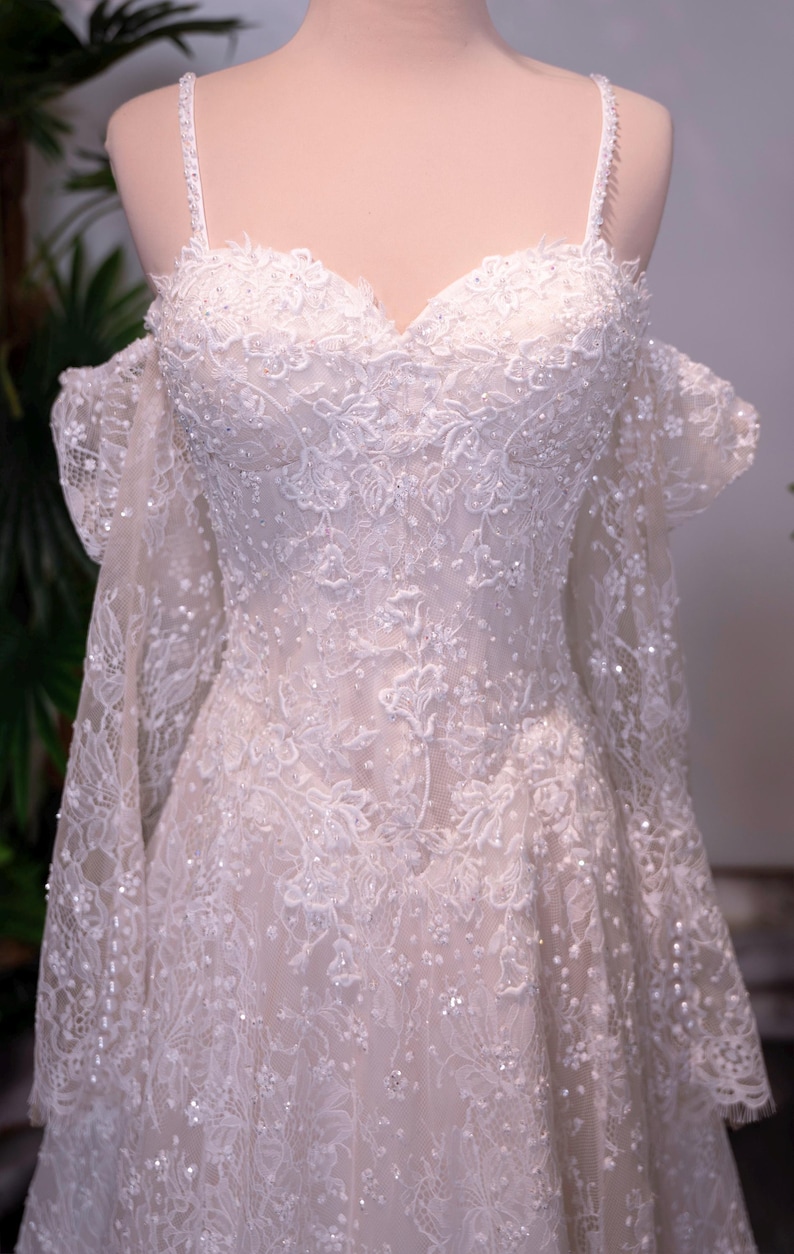 Lace Wedding Dress with Satin Corset, Off Shoulder Bridal Gown, Romantic A Line Wedding Dress, Custom Made Bridal Dress image 9