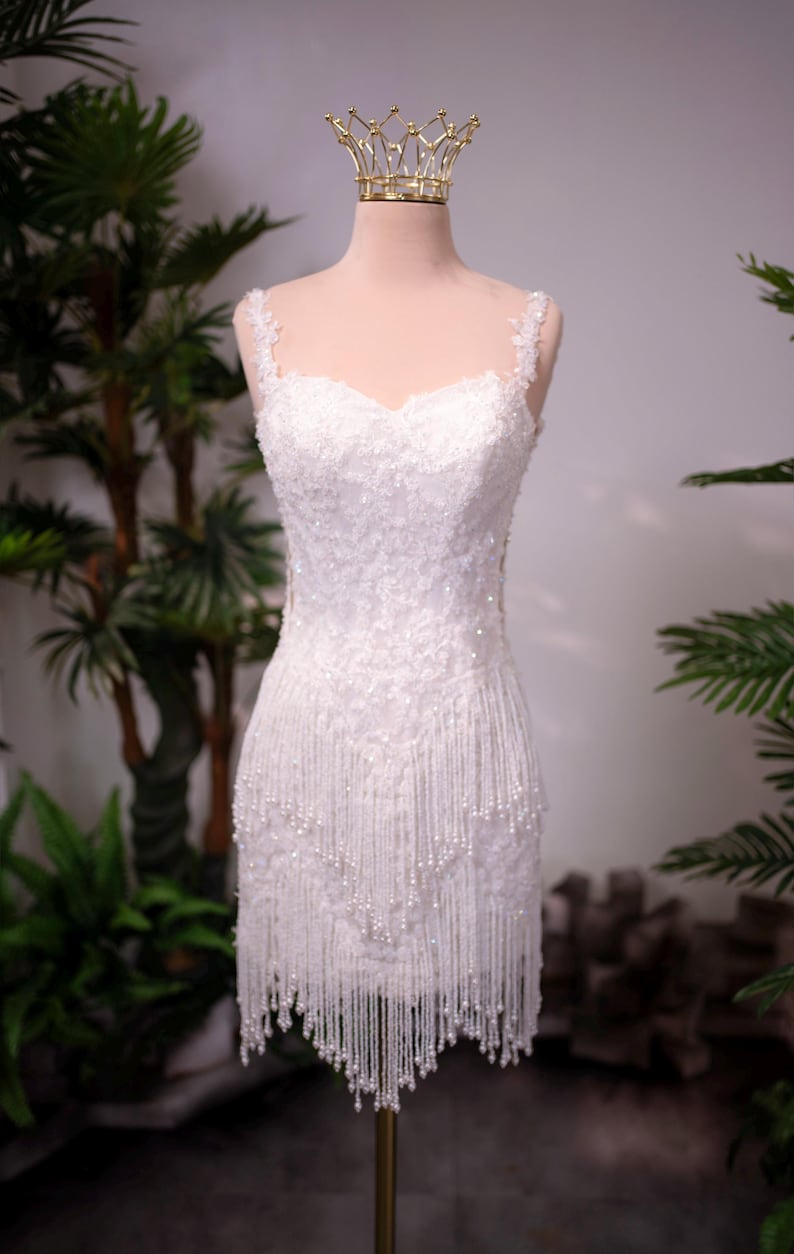 Lace Beaded Fringe Mini Wedding Dress | Pearl Sequin Bridal Reception ...