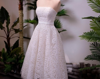 Strapless Tea Length Wedding Dress | Lace Tea-Length Bridal Gown | Vintage Retro Midi Wedding Dress | Custom Made Bridal Dress