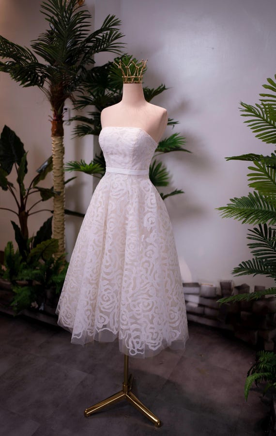 Strapless Tea Length Wedding Dress | Lace Tea-Length Bridal Gown | Vintage Retro Midi Wedding Dress | Custom Made Bridal Dress