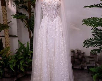 High Neck Sparkly Wedding Dress with Corset Bodice and Long Cape Veil | Luxury Modest Bridal Gown | Custom Made Handmade Wedding Dress
