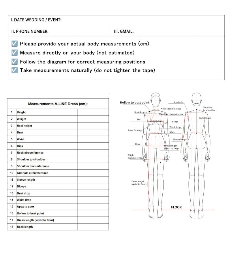 May include: A measurement guide for an A-line dress featuring a table with 18 categories and a diagram of a human figure showing body measurement points. The text includes instructions to provide actual body measurements in inches or cm.