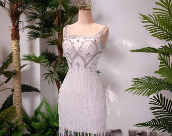 Crystal Beaded Fringe Mini Wedding Dress | Pearl Short Bridal Reception Dress | Sparkly Straps Custom Made Dress | After Party Bridal Gown
