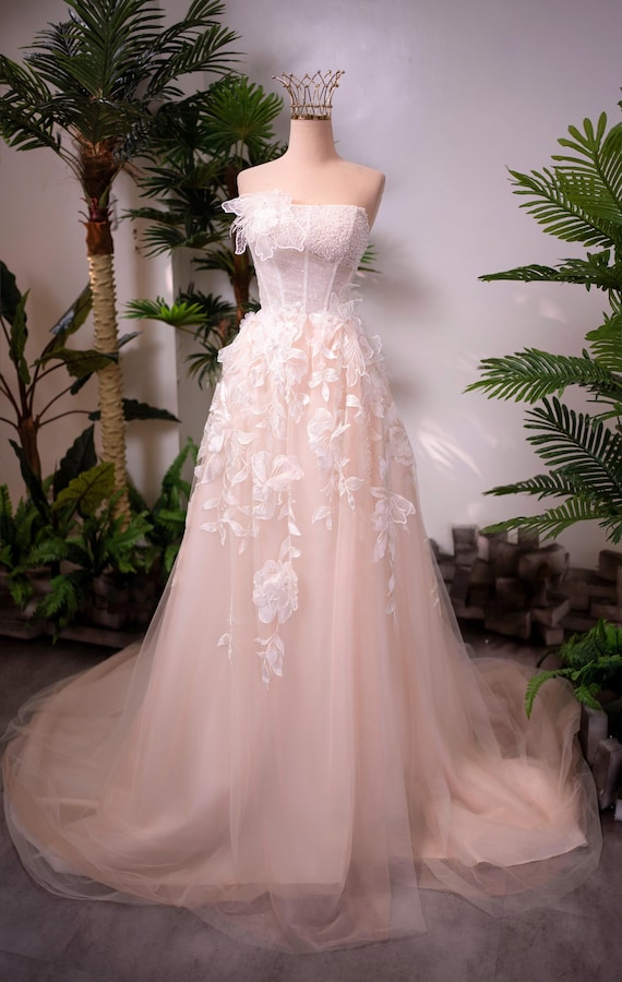 Blush A Line Wedding Dress | 3D Floral Corset Bridal Gown | Strapless Tulle Wedding Dress | Soft Pink Bridal Dress | Custom Made Gown