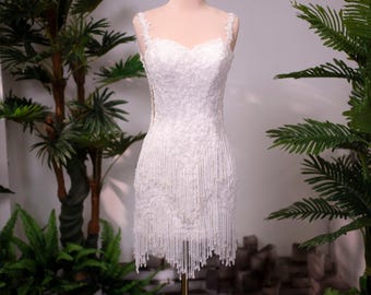Lace Beaded Fringe Mini Wedding Dress | Pearl Sequin Bridal Reception Dress | Fitted Short Wedding Dress with Straps | Custom Made Dress