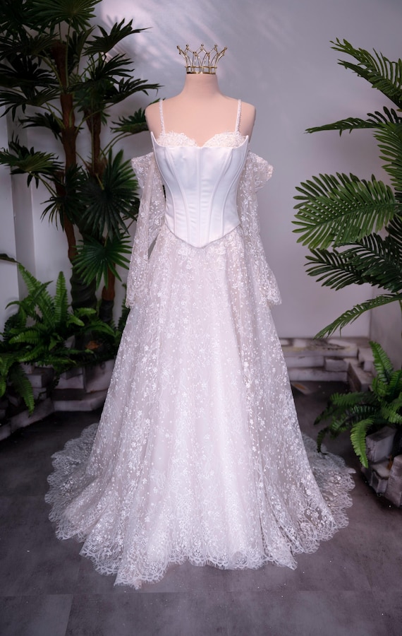 Lace Wedding Dress with Satin Corset, Off Shoulder Bridal Gown, Romantic A Line Wedding Dress, Custom Made Bridal Dress