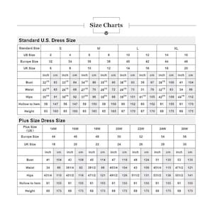 May include: A black and white size chart table titled Size Charts, displaying standard U.S. dress sizes from S to XL and plus sizes from 14W to 26W. The table lists measurements in inches and centimeters for bust, waist, hips, hollow to hem, and height.