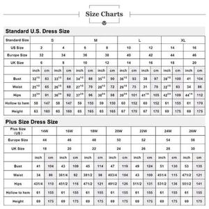 May include: A size chart for dresses, displaying measurements in inches and centimeters. The chart includes standard U.S. dress sizes, European sizes, and UK sizes, along with bust, waist, hip, and height measurements. Plus size dress measurements are also included.