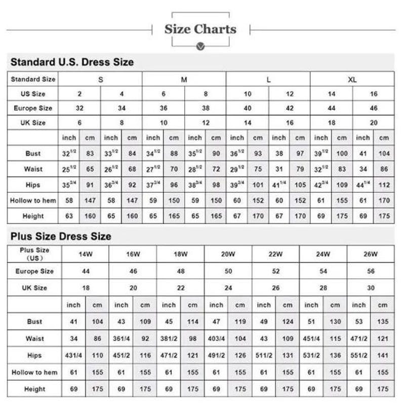 May include: A size chart for dresses, displaying measurements in inches and centimeters. The chart includes standard U.S. dress sizes, European sizes, and UK sizes, along with bust, waist, hip, and height measurements. Plus size dress measurements are also included.