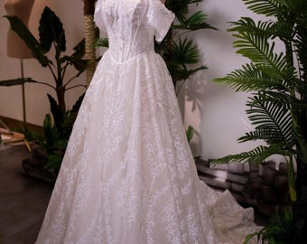 Schulterfrei Spitze Ballkleid Brautkleid | Luxus-Korsett-Brautkleid mit Schleppe | Elegantes Brautkleid aus Spitze | Kleid nach Maß