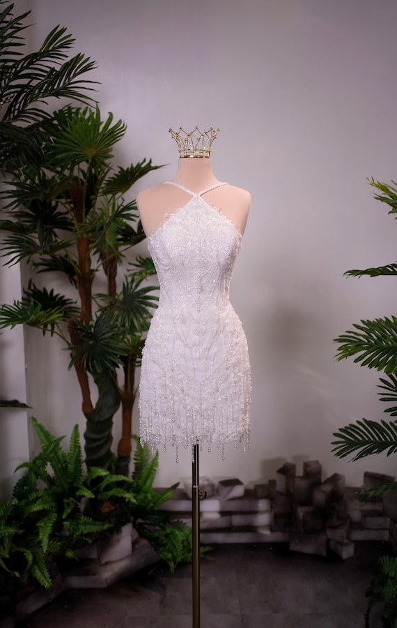 Halter Beaded Short Wedding Dress | Handmade Bridal Mini Dress With Fringe  | Custom Made Modern Wedding Gown - Etsy Israel