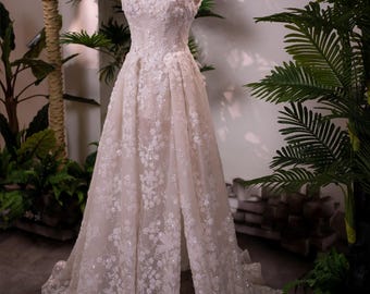 3D Floral Lace A Line Wedding Dress with Straps | Romantic Floral Bridal Gown | Elegant Lace Wedding Dress | Custom Made Bridal Dress