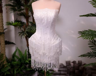 Pearl Beaded Fringe Mini Wedding Dress | Strapless Bridal Reception Dress | Handmade Custom Short Wedding Dress | Pearl Party Dress