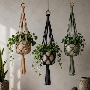 May include: Three macrame plant hangers in beige, black, and green, each holding a potted plant with trailing green leaves. The hangers have wooden rings and tassels. The background is a neutral, light-colored wall.