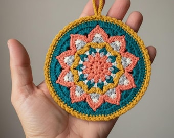 Crochet Mandala Wall Hanging Pattern PDF | Festive Flower Round Ornament | Puff Stitch Ring + Charts | US Terms