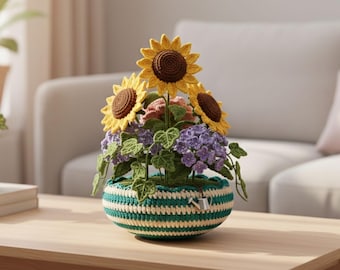 Crochet Sunflower Floral Arrangement Pattern PDF | Decorative Sunflower Bouquet in Striped Bowl | Home Décor