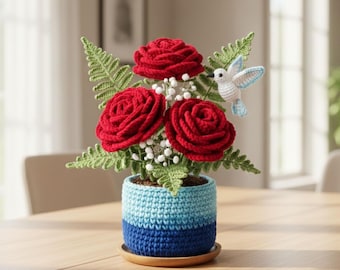 Crochet Rose Floral Arrangement with Hummingbird Pattern PDF | Decorative Rose Bouquet in Pot | Home Décor