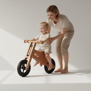 Puede incluir: Una bicicleta de equilibrio de madera marrón claro con neumáticos negros. Un niño pequeño está sentado en la bicicleta, con un adulto detrás, apoyando al niño. Diseño minimalista.