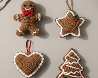 Bundel met gehaakte ornamenten peperkoek pdf | 4-in-1 vakantiepatronen voor beginners | Gingerbread Man, hart-, ster- en boomornamenten