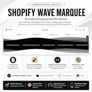 May include: A digital graphic displaying a Shopify Wave Marquee animated announcement bar section. The layout features a browser window preview with black and gray wave patterns, scrolling text, and icons. Text includes 1-FILE SETUP, FULLY CUSTOMIZABLE, SMOOTH SCROLLING TEXT, and NO MONTHLY APP.