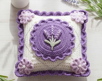 Lavender Bloom Crochet Cushion Pattern | Floral Pillow Cover PDF | Cottagecore Crochet Home Decor