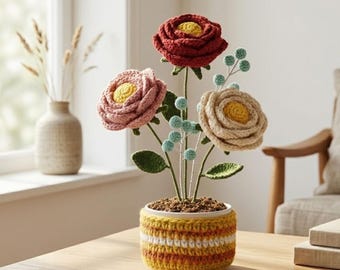 Padrão de arranjo floral de crochê em PDF, decoração floral em vaso com arame, nível intermediário (digital)