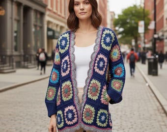 Cardigã Midnight Bloom Grandma Square em Crochê (PDF) | Jaqueta Boho Oversized com Frente Aberta