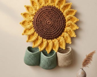 Organizzatore da parete a forma di girasole, modello all'uncinetto, portaoggetti da appendere con tasche (PDF)
