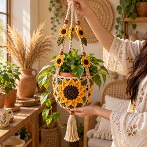 Vintage Sunflower Hanging Plant Hanger Crochet Pattern PDF | Boho Pot Cradle | Botanical Macrame Look Pattern