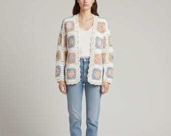 Pastel Bloom Granny Square Cardigan Crochet Pattern PDF | Floral Open Front Jacket with Lace Edging