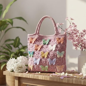 May include: A pink crocheted tote bag decorated with colourful butterfly appliqués. The bag has a textured stitch pattern and strong handles. The butterflies are in shades of orange, green, yellow, blue, and white, adding a whimsical touch to the handmade bag.