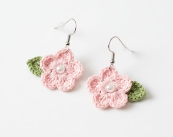 Blush Bloom Crochet Flower Earrings Pattern PDF | 5-Petal Floral Earrings with Pearl Center & Leaf