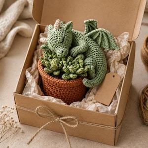 May include: A crochet amigurumi set featuring a small green dragon with closed eyes resting on top of a cluster of green succulents in a textured brown pot, all nestled inside a cardboard gift box with a blank beige paper tag and twine.