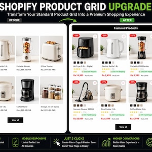 May include: A comparison graphic titled SHOPIFY PRODUCT GRID UPGRADE showing a standard product grid on the left and an enhanced version on the right. The display features kitchen appliances like air fryers, kettles, blenders, and toasters.